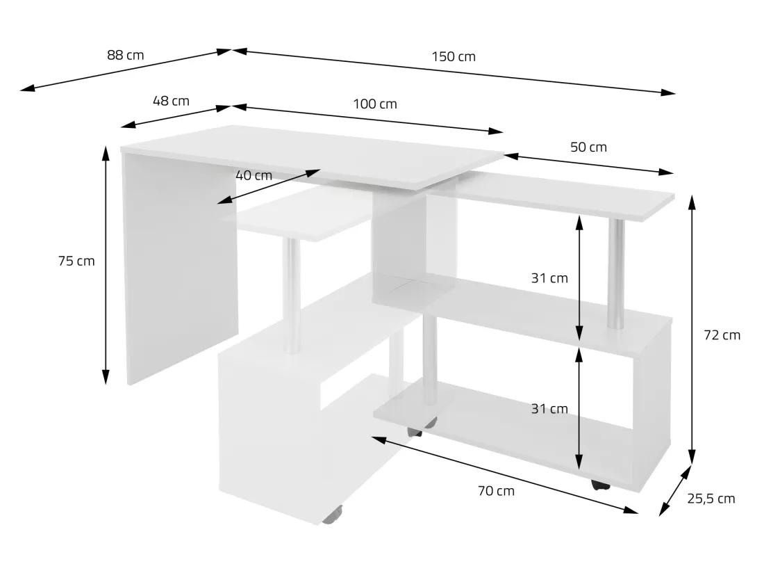 Bureau en angle blanc table de travail pivotant 90° ML-DESIGN