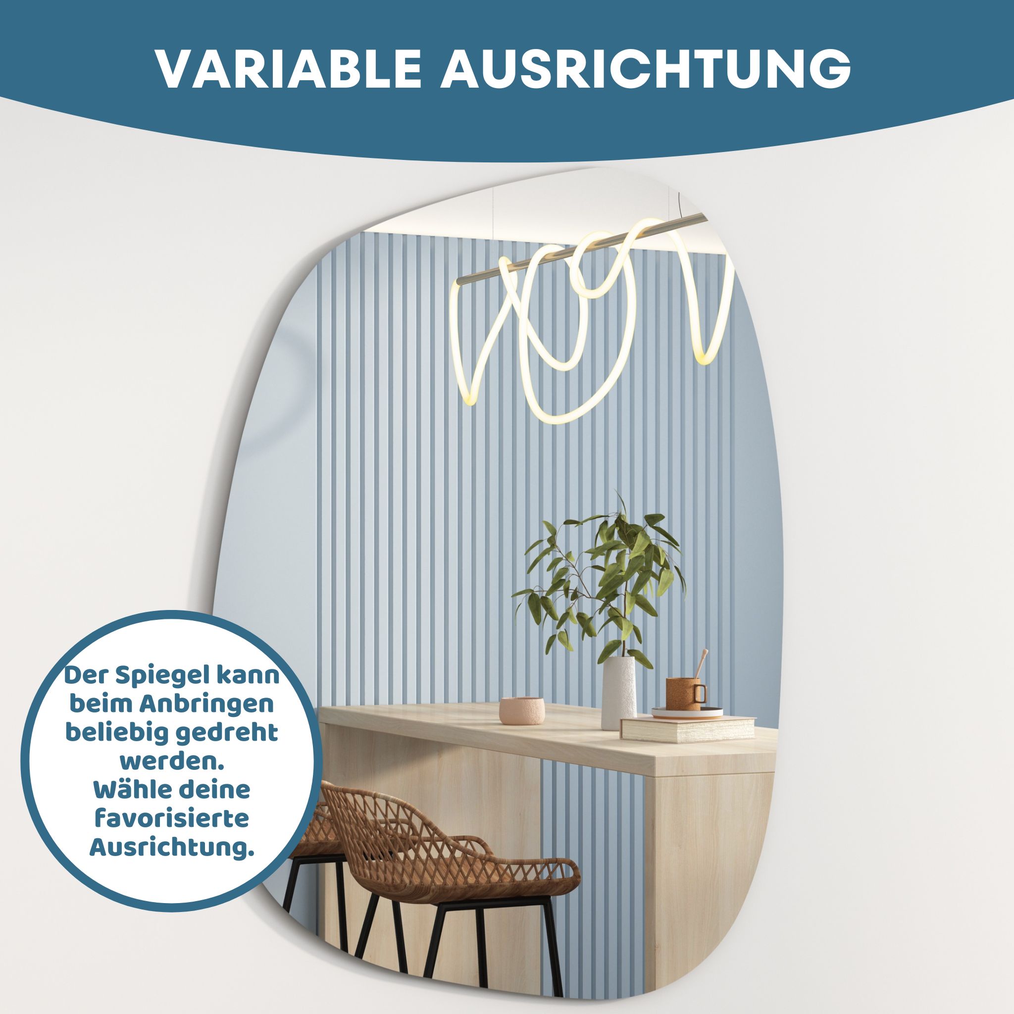 Albatros Designerspiegel Asymmetrisch 75 x 55 cm Wandspiegel oder Türspiegel, Moderne organische FormSpiegel Oval und Groß Asymmetrischer Spiegel unförmig und Rahmenlos
