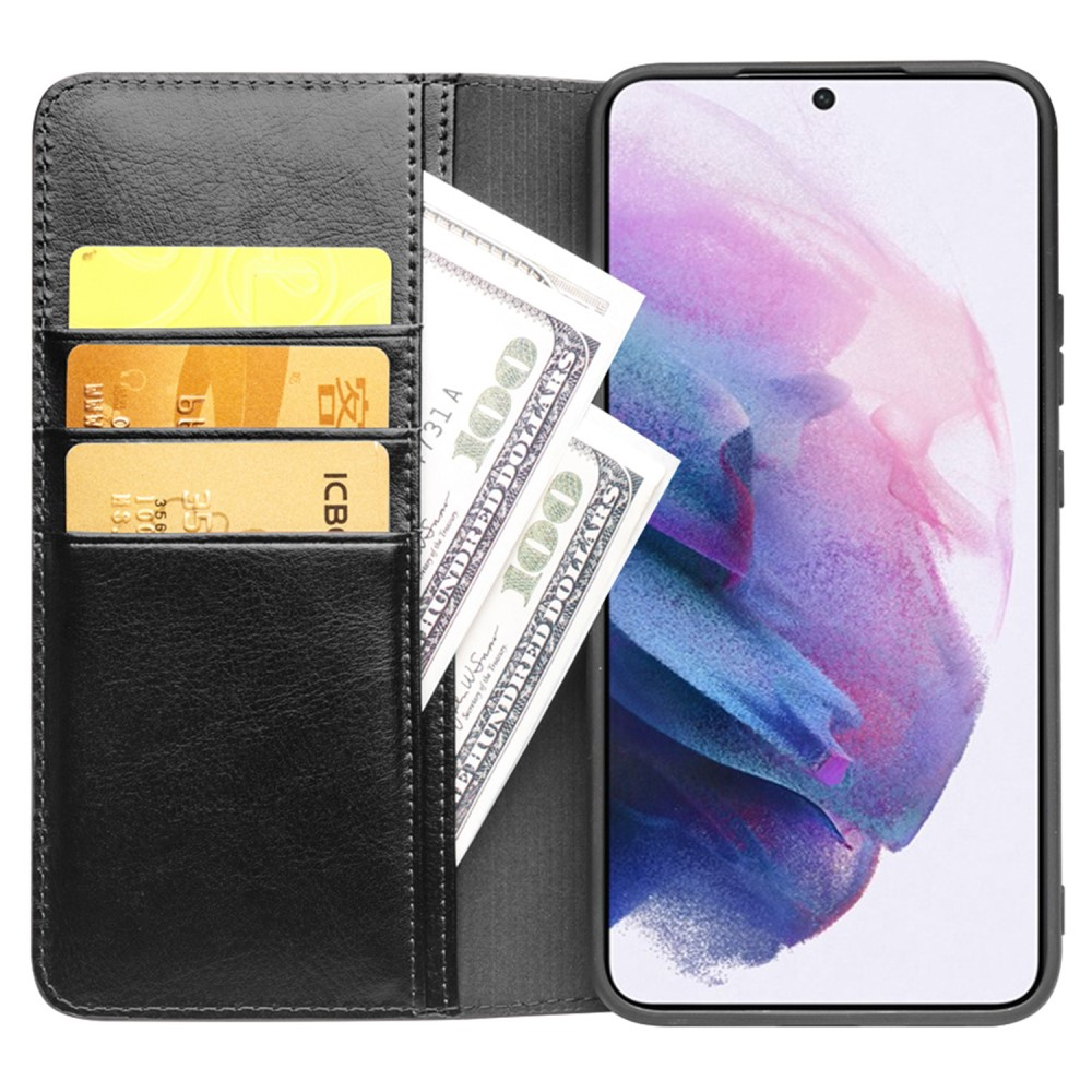 Samsung Galaxy S23 5G Echtleder Tasche Flip Cover mit Kartenfächer - Schwarz
