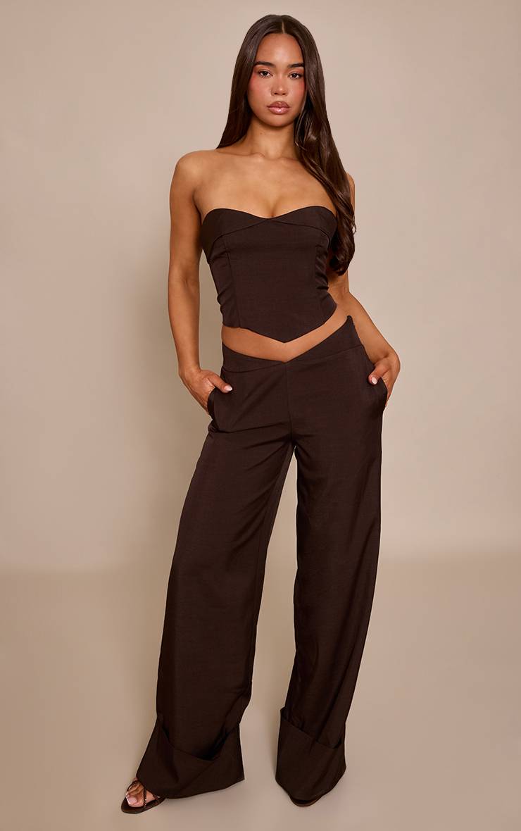 Marron Pantalon Tailleur Taille Basse Évasé