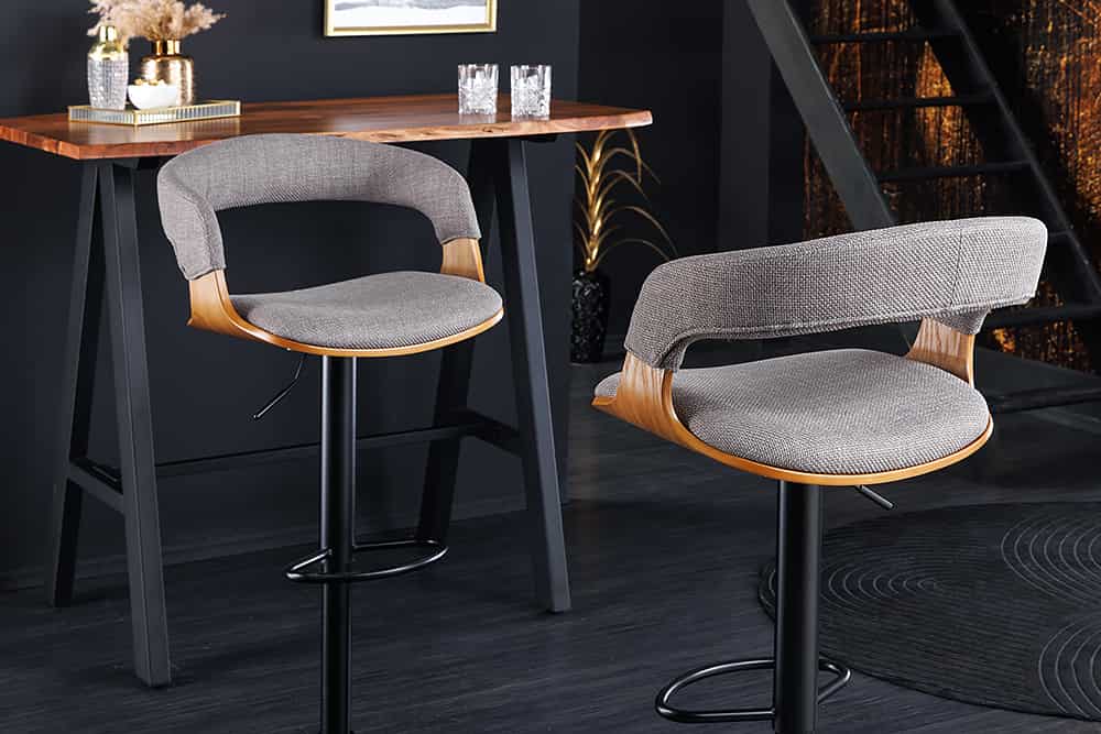 Retro Barhocker MANHATTAN grau Strukturstoff Eschenholz drehbar höhenverstellbar