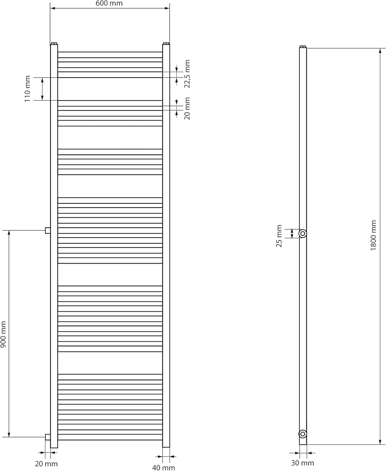 LuxeBath Renovierungsheizkörper Austausch 600x1800 mm Weiß, Badheizkörper gerade mit Seitenanschluss, Nabenabstand 900 mm, Heizkörper Handtuchwärmer Handtuchtrockner Handtuchheizkörper Handtuchheizung