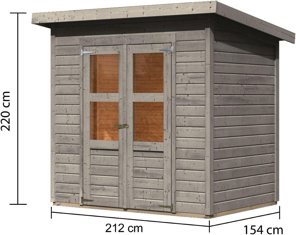 Karibu Gartenhaus Kano in 4 Größen optional mit Anbaudach, nordische Fichte, 14 mm Wandstärke, Pultdach mit Dachplatte, vorvergraut, lichtdurchflutet & wetterfest (Größe M)