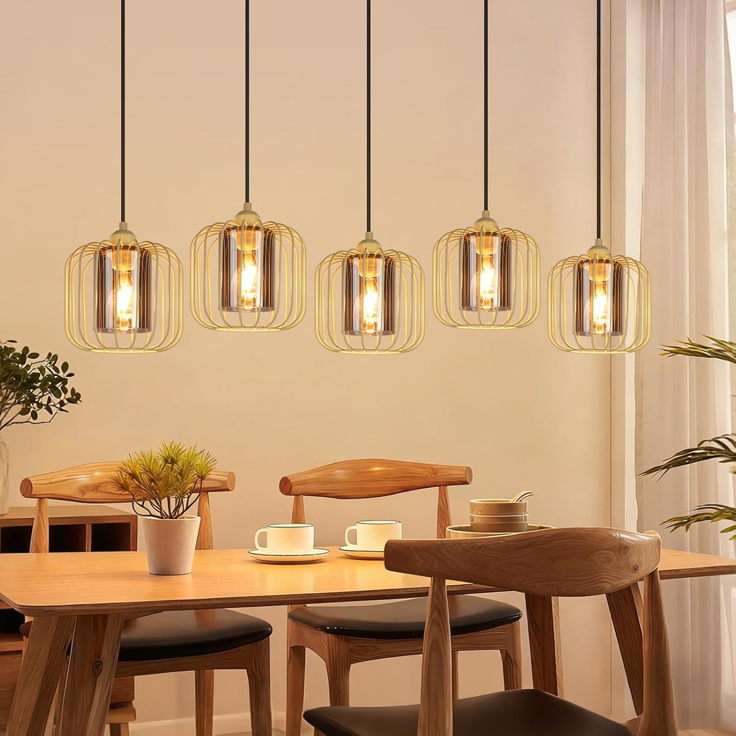 Pendelleuchte Esstisch Hängeleuchte Vintage - Hängelampe 5 Flammig Glas Esstischlampe Höhenverstellbar E27 Retro Pendellampe Metall Esszimmerlampe für Küche Wohnzimmer (ohne Leuchtmittel)