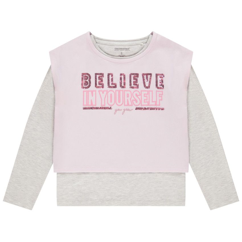 T-shirt manches longues 2 en 1 avec sequins pour fille - Gris chiné