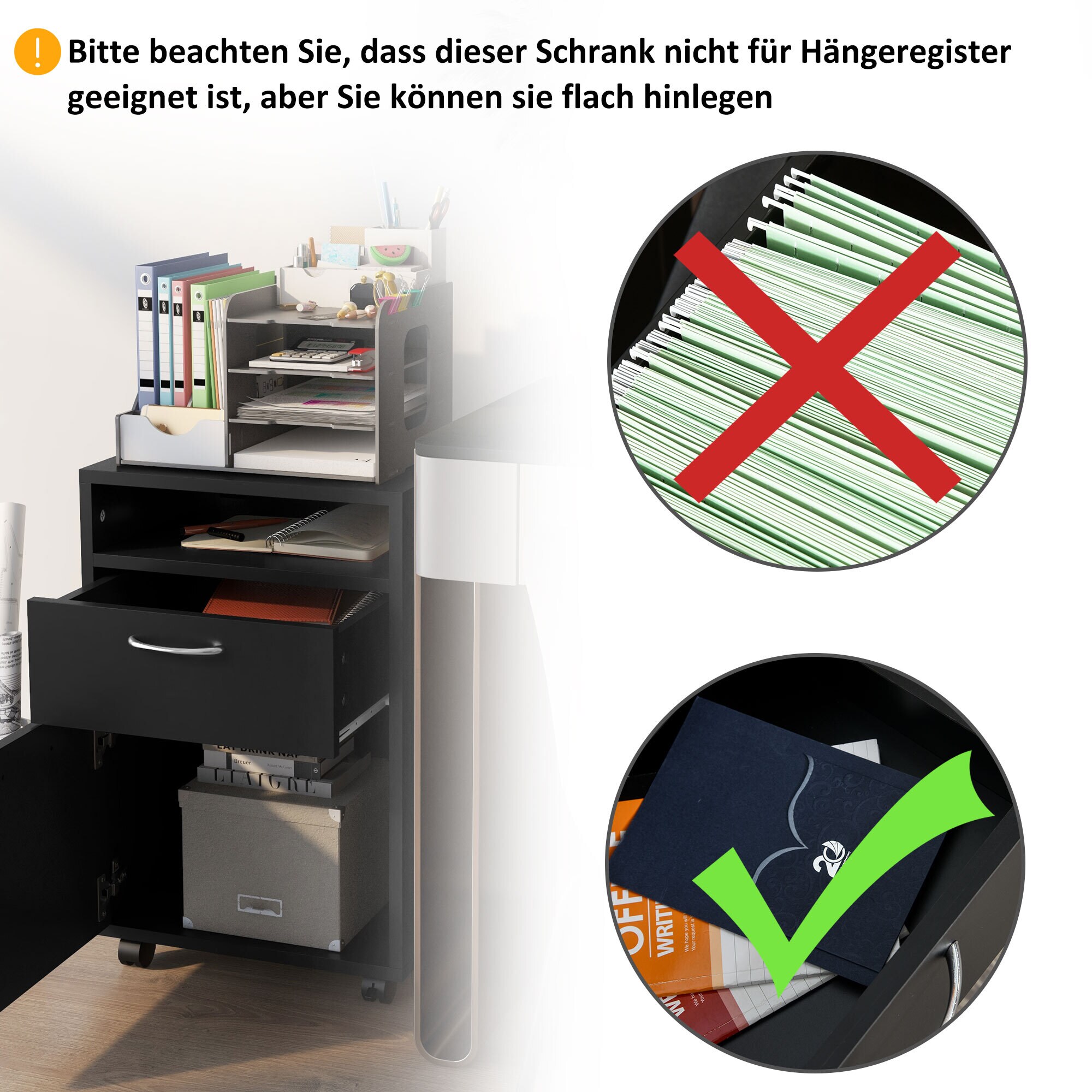 HOMCOM Aktenschrank mit Rollen schwarz 40L x 35B x 60H cm