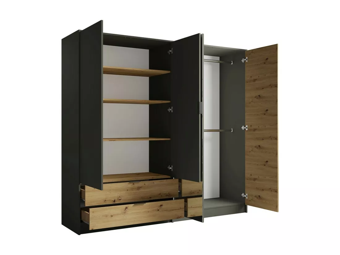 Chambre compléte design IZO : Armoire, lit 180x200, commode, chevets, chêne/gris anthracite