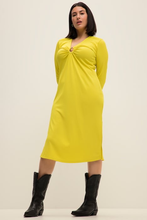 Midikleid, A-Line, Ripp-Jersey, V-Ausschnitt, Zierring, Langarm