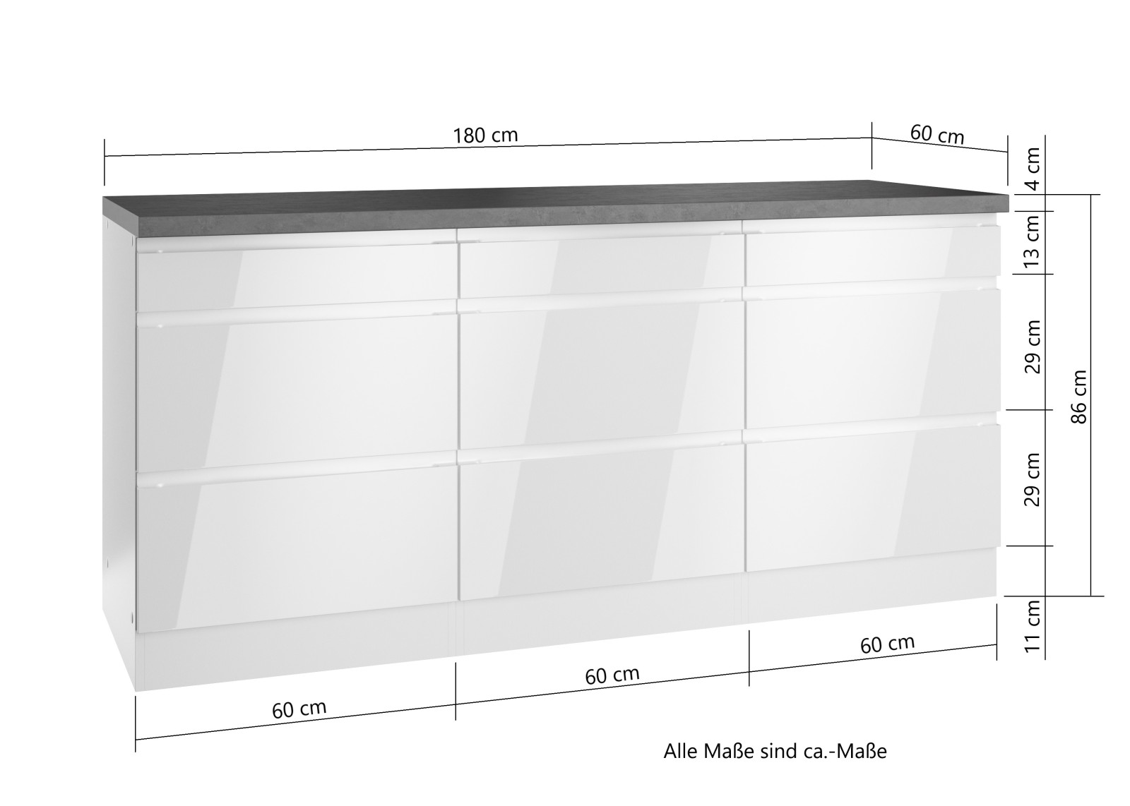 Unterschrank MONZA - weiß Hochglanz - Beton-Optik - 180 cm