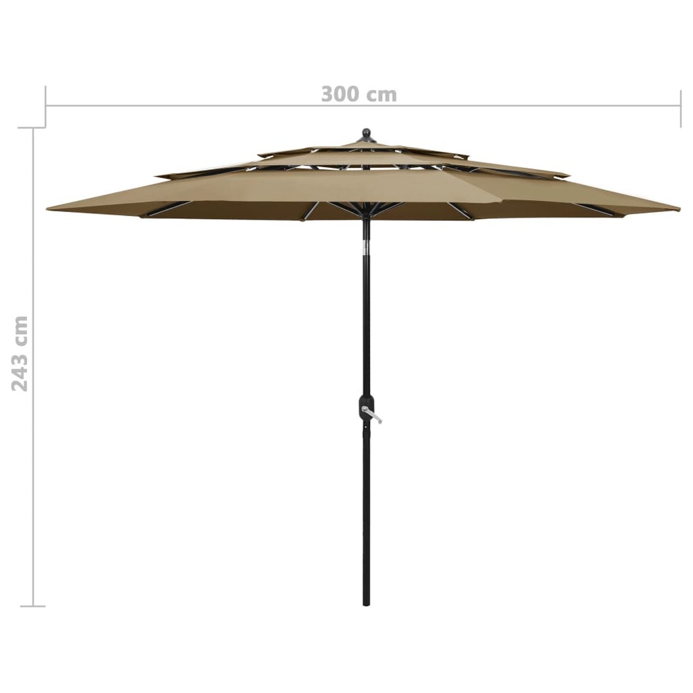 Parasol à 3 niveaux avec mât en aluminium 3 m taupe