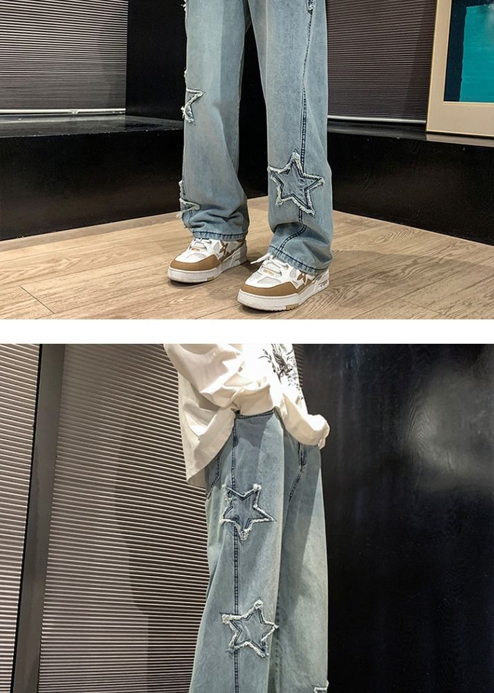 Femilina - Low Rise Star geborduurde wijde jeans