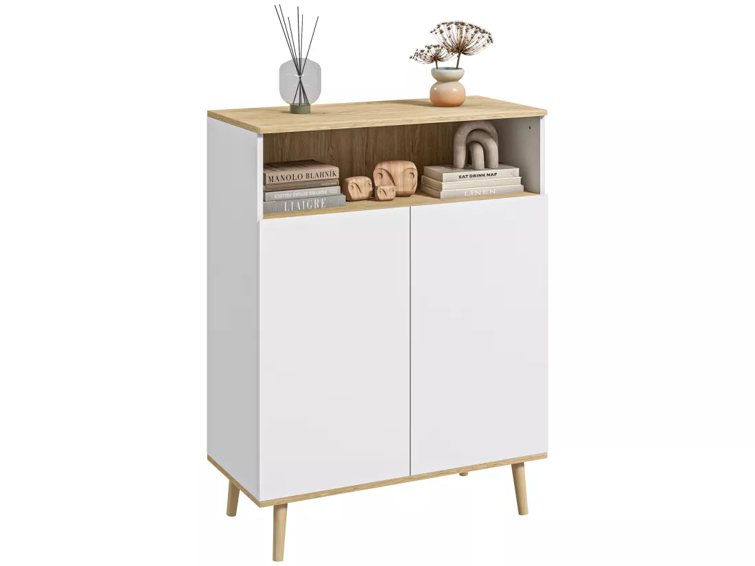 Buffet rangement design scandinave 2 portes étagère niche piètement bois pin panneaux blanc aspect chêne clair