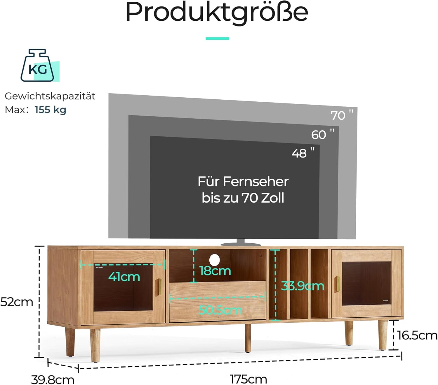 LINSY HOME TV Schrank, TV Lowboard mit 2 Türen und 1 Schubladen, Fernsehtisch mit Einlegeboden, Fernsehschrank für TVs bis 70 Zoll, 175 x 40 x 52 cm