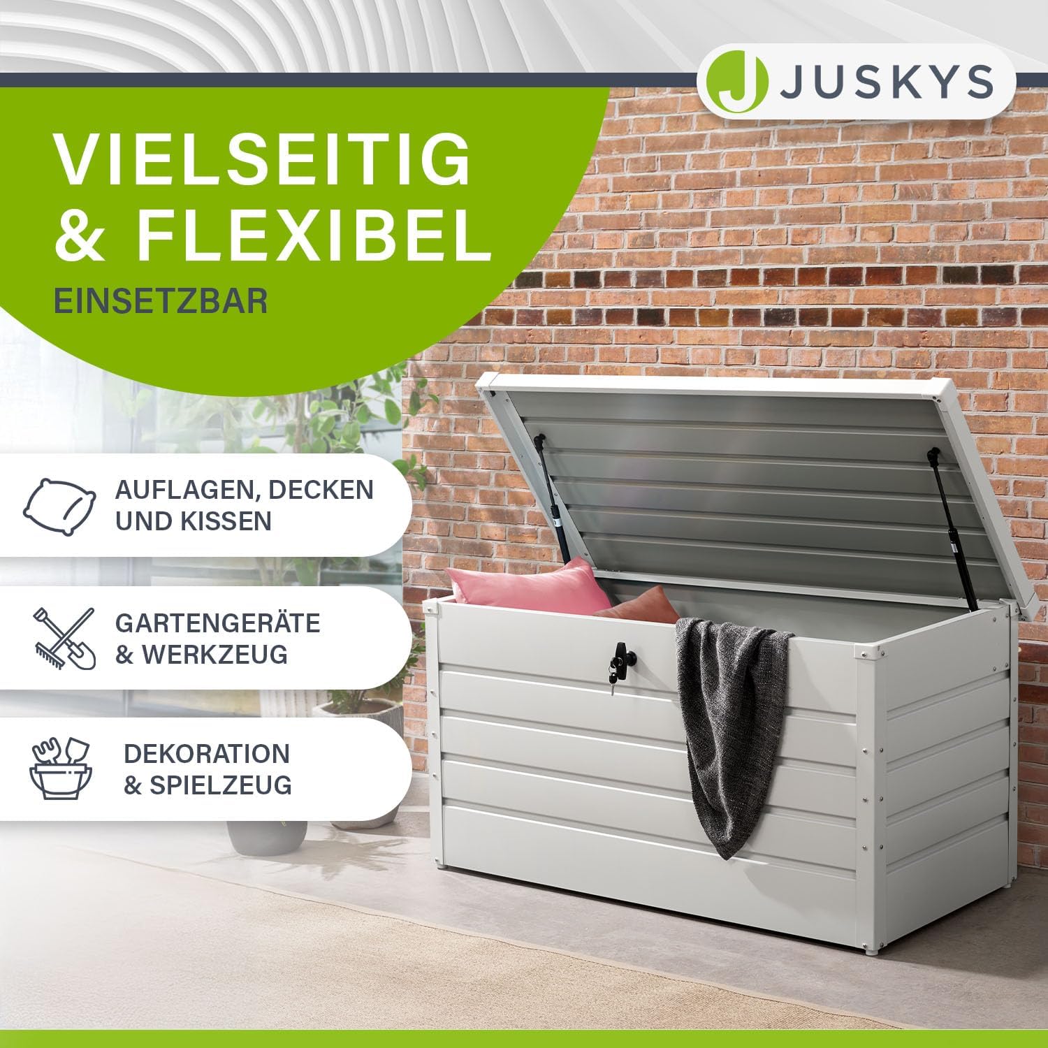Juskys Metall Aufbewahrungsbox Limani 380 Liter - Outdoor Box - wasserdicht, abschließbar - Gartenbox, Auflagenbox, Kissenbox für Garten Weiß