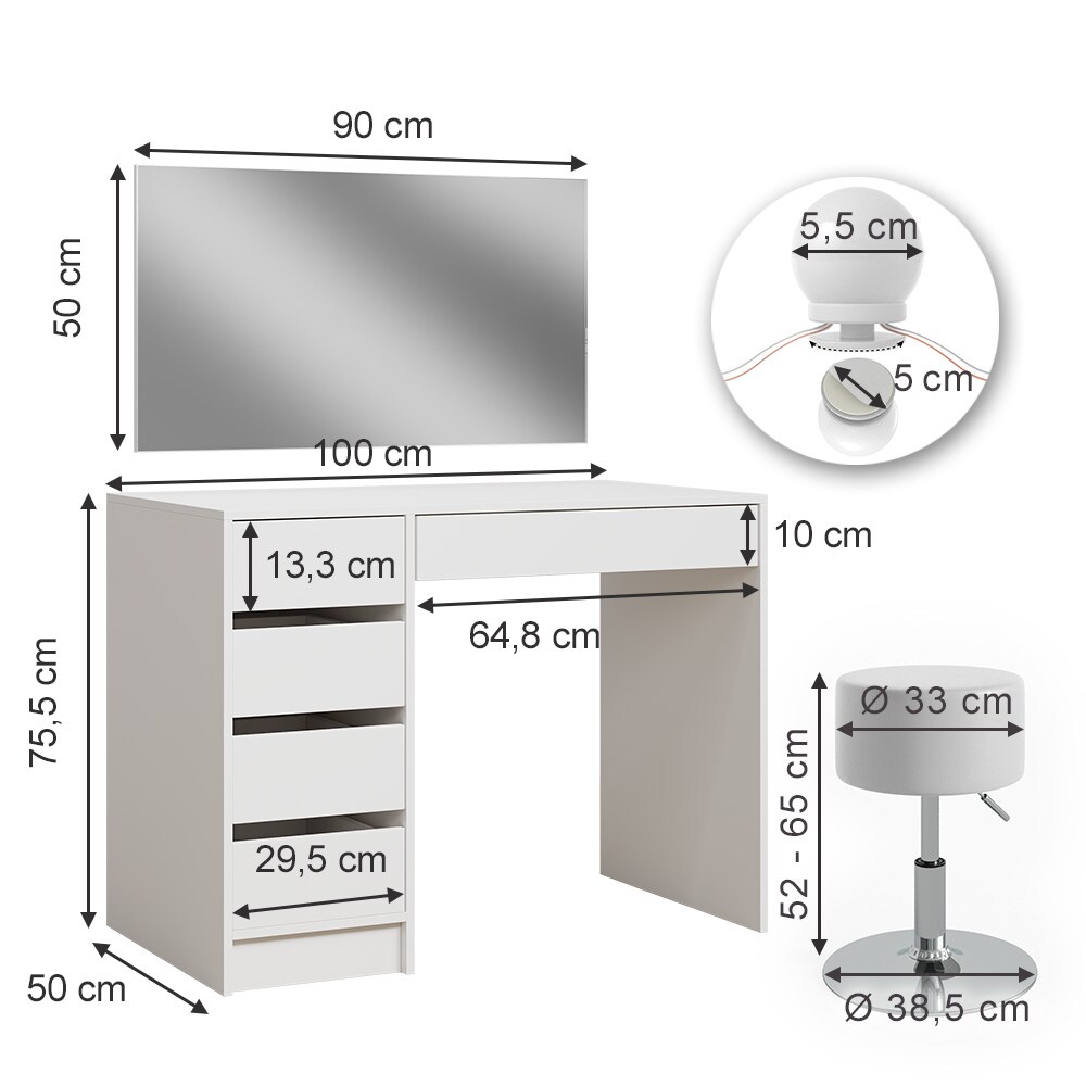 Vicco Schminktisch Thalia Weiß Hochglanz 100 cm mit LED-Beleuchtung und Hocker