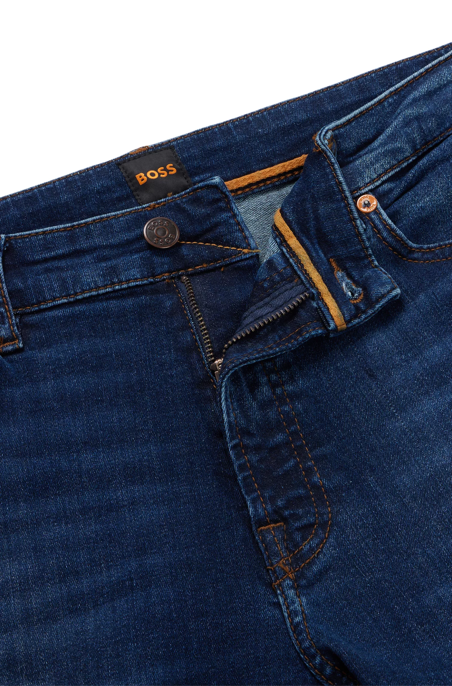 Calça jeans BOSS laranja, corte regular, em denim superelástico azul-escuro.