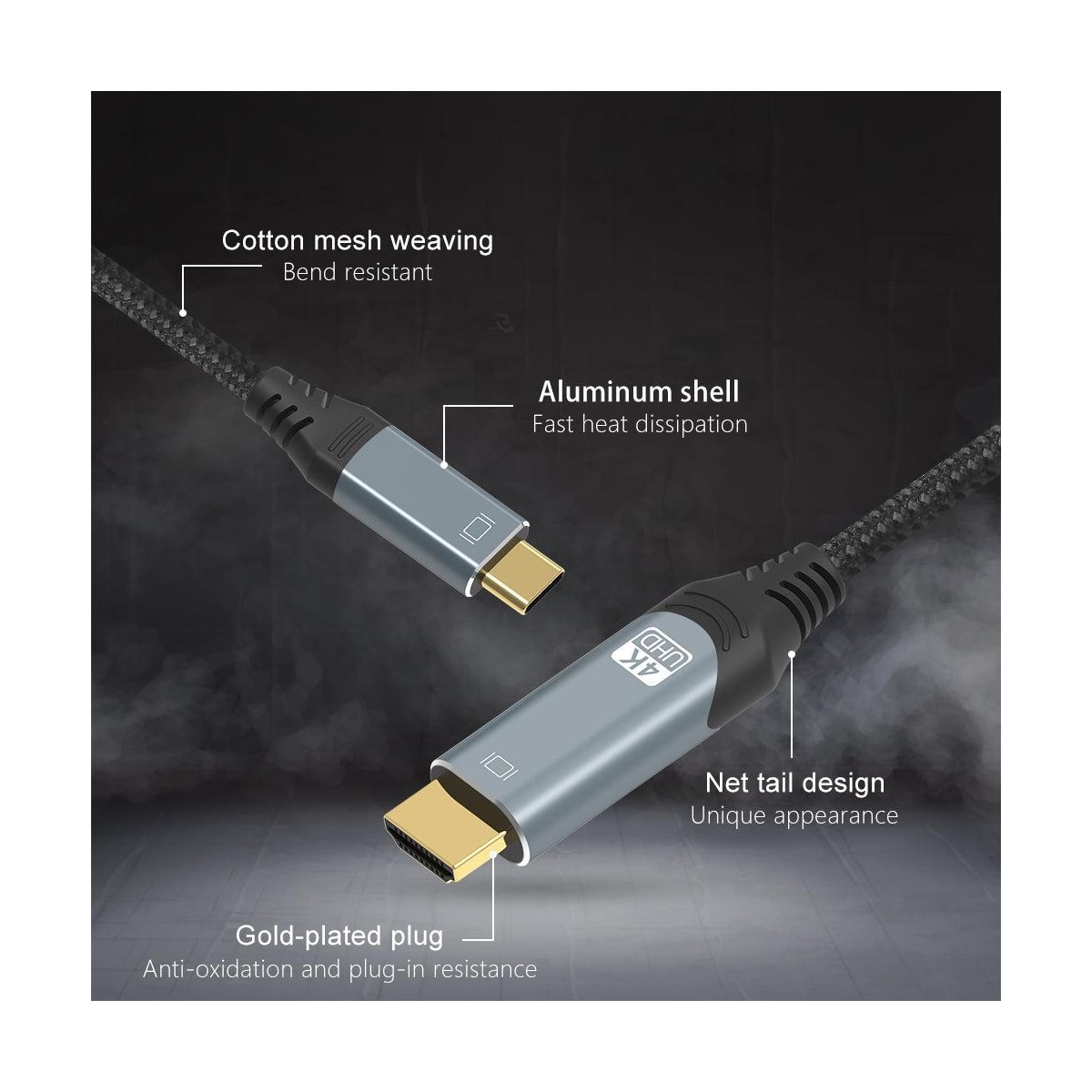 NÖRDIC 3m USBC til HDMI 4K 60Hz nylonflettet kabel plass grå støtte for HDCP1.4 og 2.2 Rent kobber 99,99 %