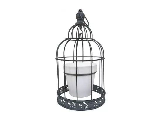 Cage à oiseaux décorative ancienne porte-plantes métal gris 35cm