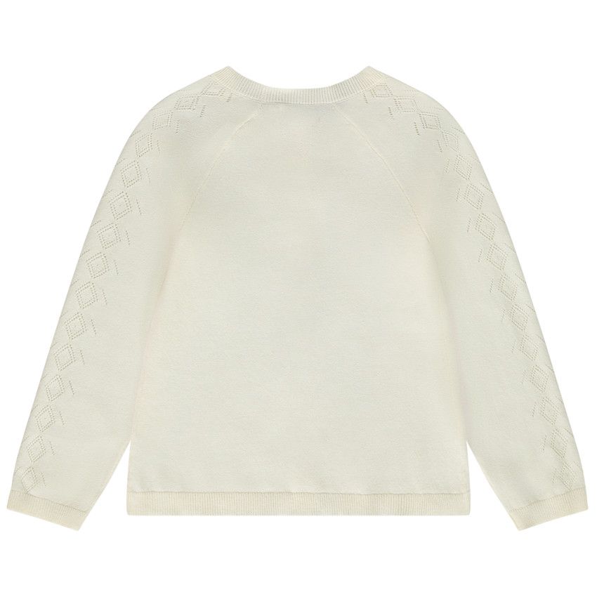 Gilet manches raglan en tricot pointelle pour fille - Ecru