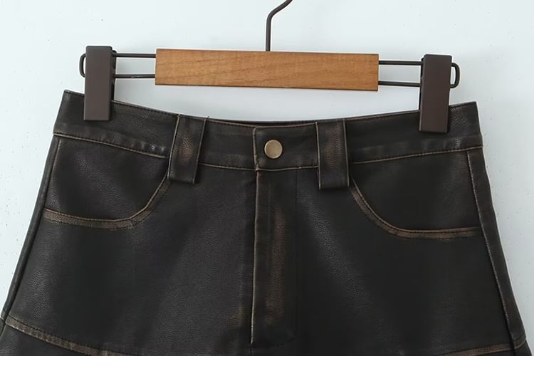 SugaYuja - Hoge taille, gewassen, geplooide, imitatieleren mini-A-lijn rok