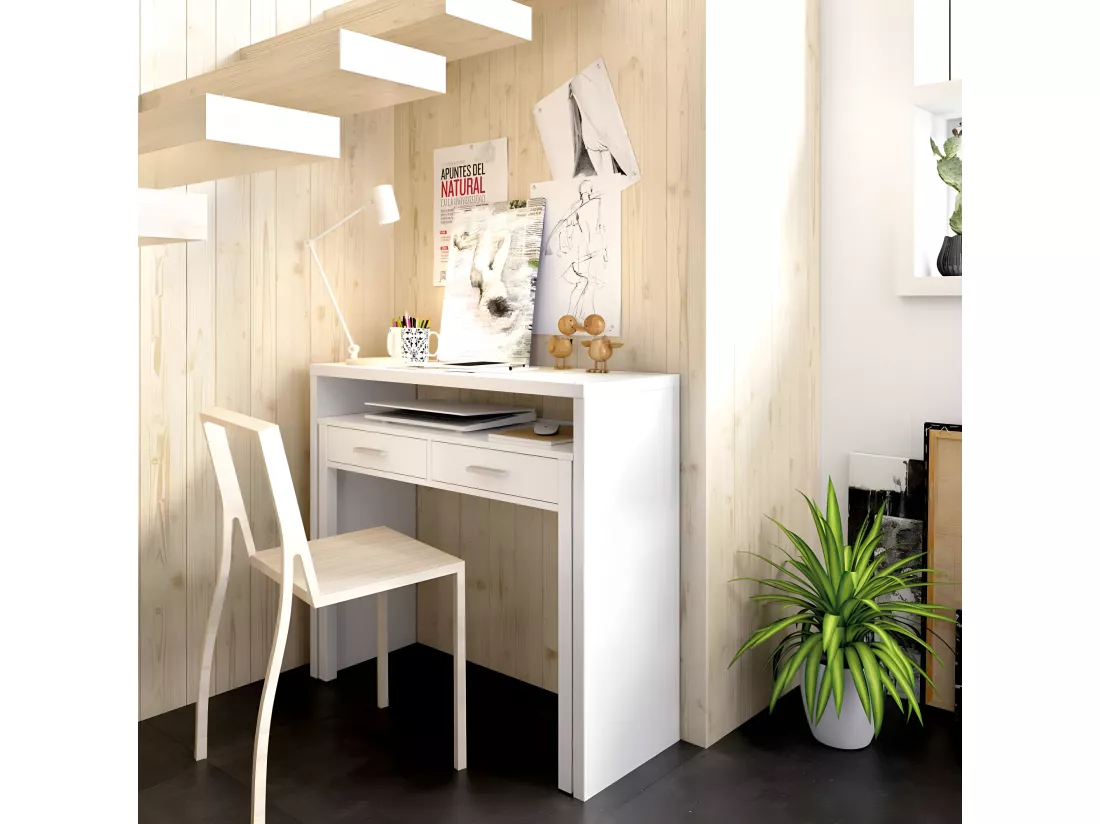 Console Extensible Bureau coloris blanc brillant - Longueur 99 x Profondeur 36 x Hauteur 88 cm