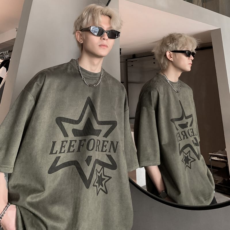 Bay Go Mall - Oversized T-shirt met ronde hals en elleboogmouwen en tekst