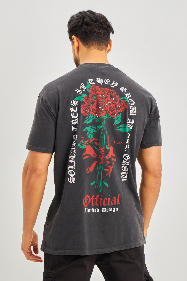 T-shirt noir bouquet de roses rouges