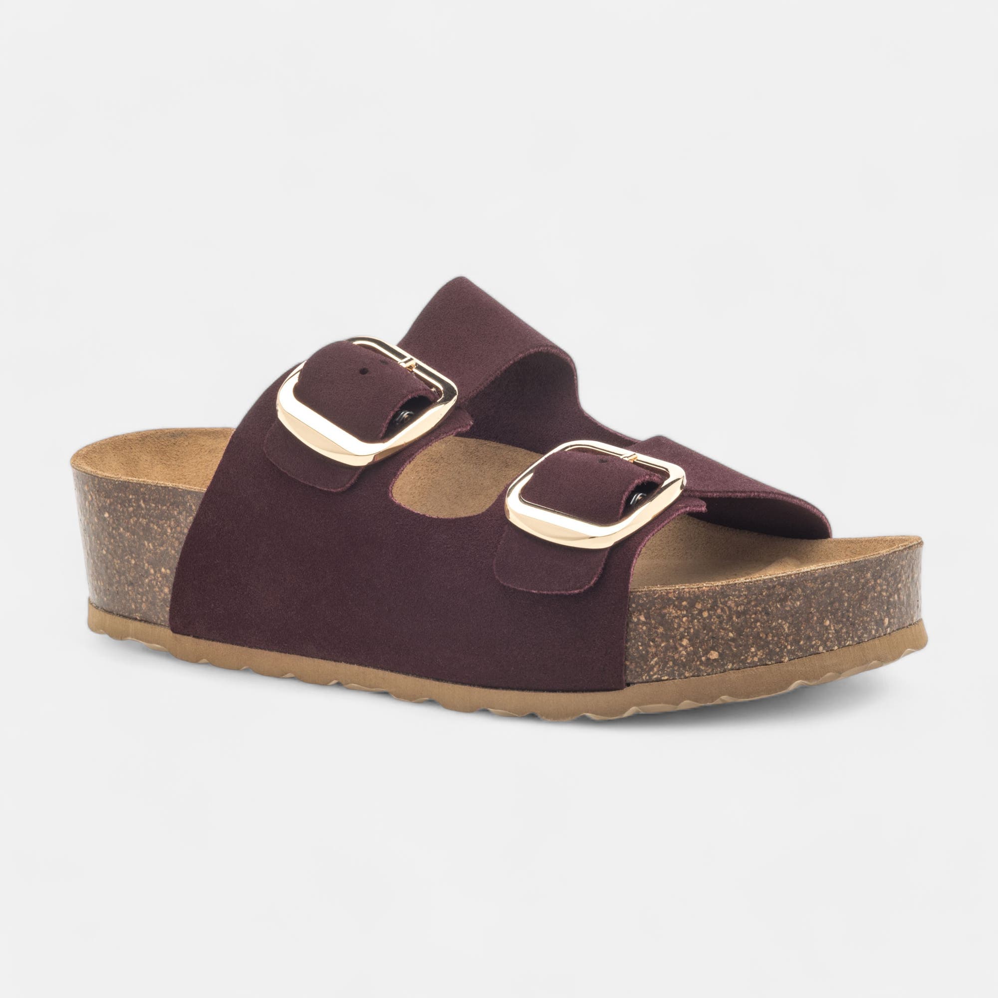 Mules semelle liège Femme en cuir bordeaux