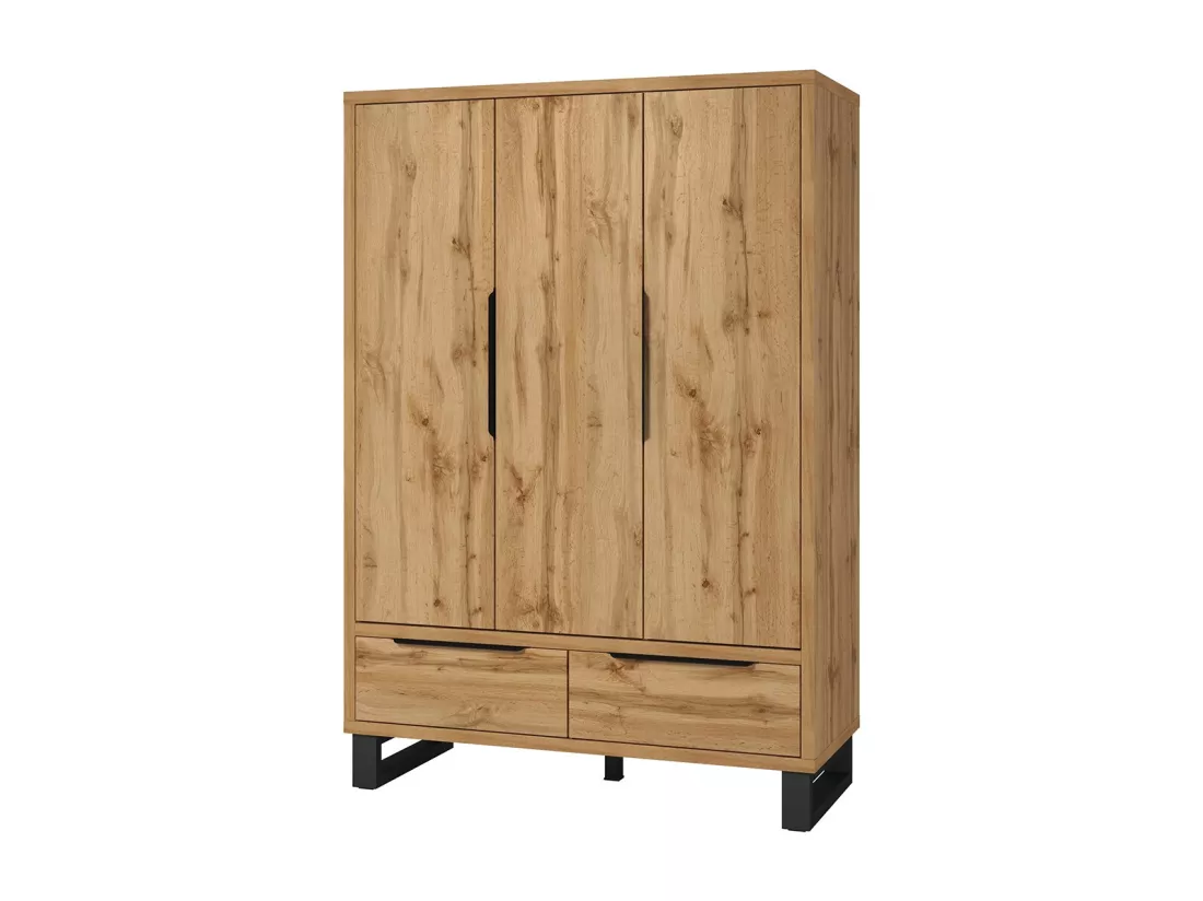 Chambre compléte style industriel collection MILOS : armoire 3 portes, lit 160x200, commode, chevets, chêne brut et noir