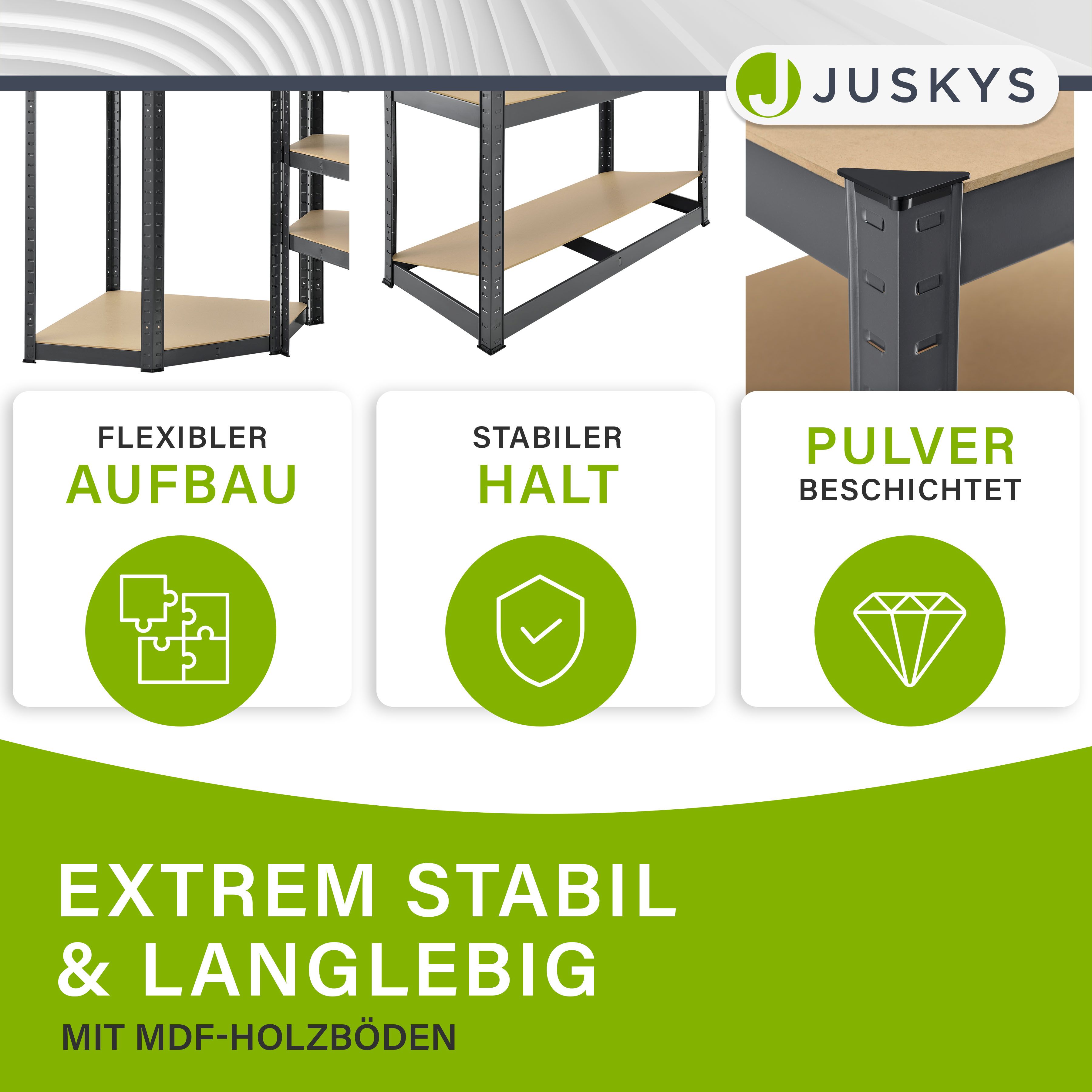 Juskys 3er Metall Regalsystem | 1 Eckregal & 2 Lagerregale | 15 Böden aus MDF Holz | 2625 kg Grau