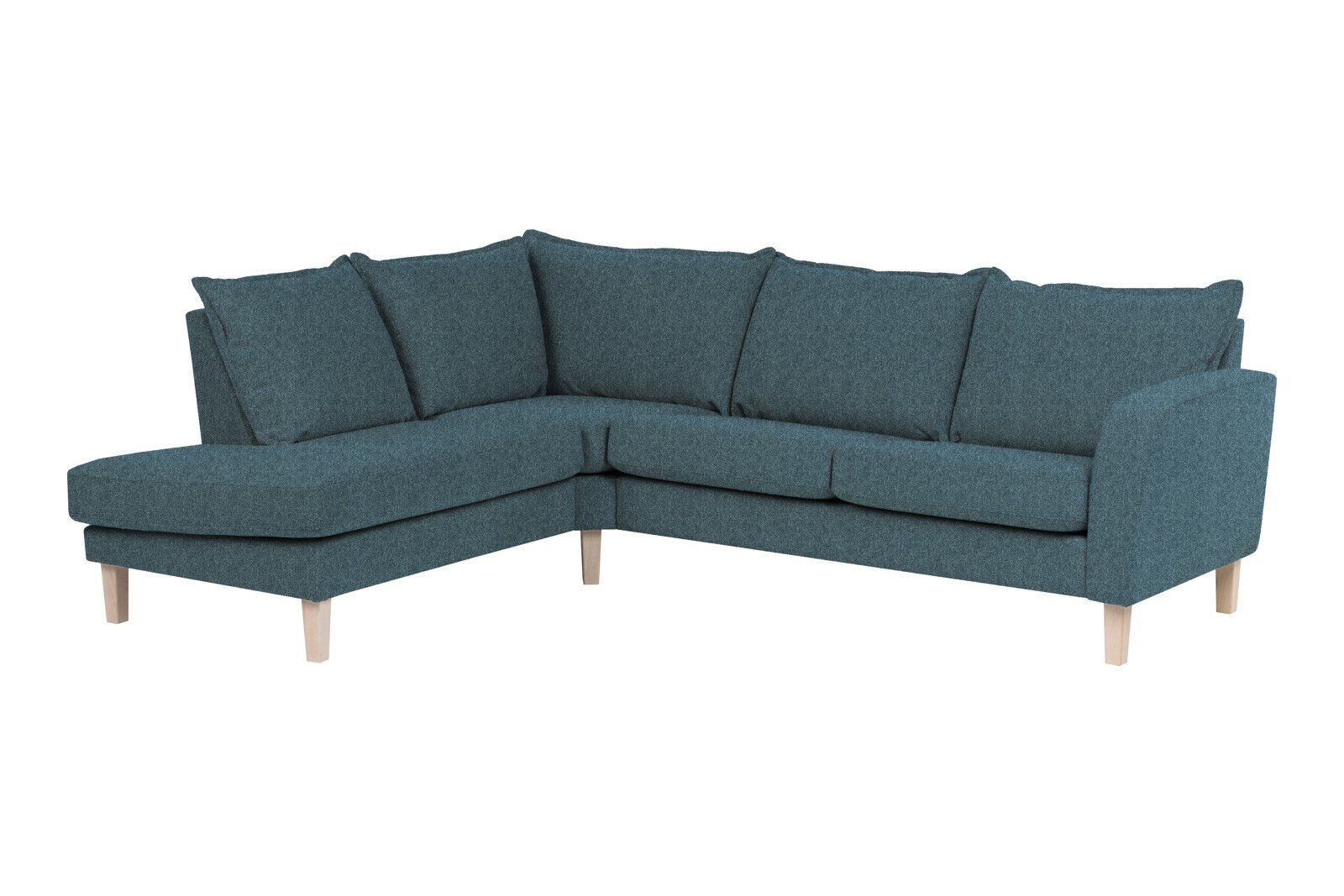 Slogen hjørnesofa Oppsett AV. 2,5-seter med åpen ende venstre. Tekstil Viva Blue med soft ryggpute. Vange A og hvitpigmentert ben 178.