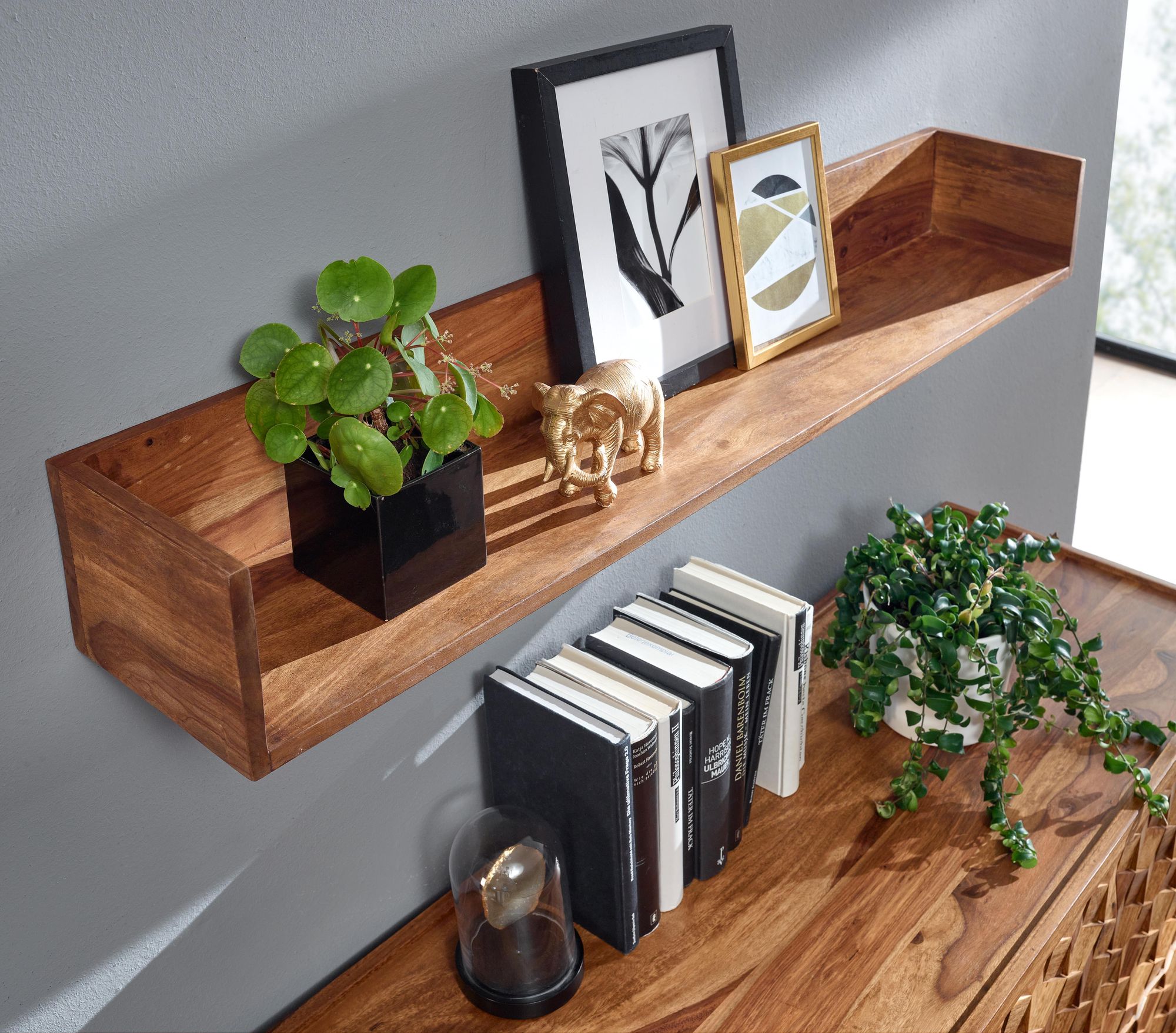 Wandregal FineBuy Hängeregal Holz Massiv 120x15x20 cm Regal Groß Schwebend
