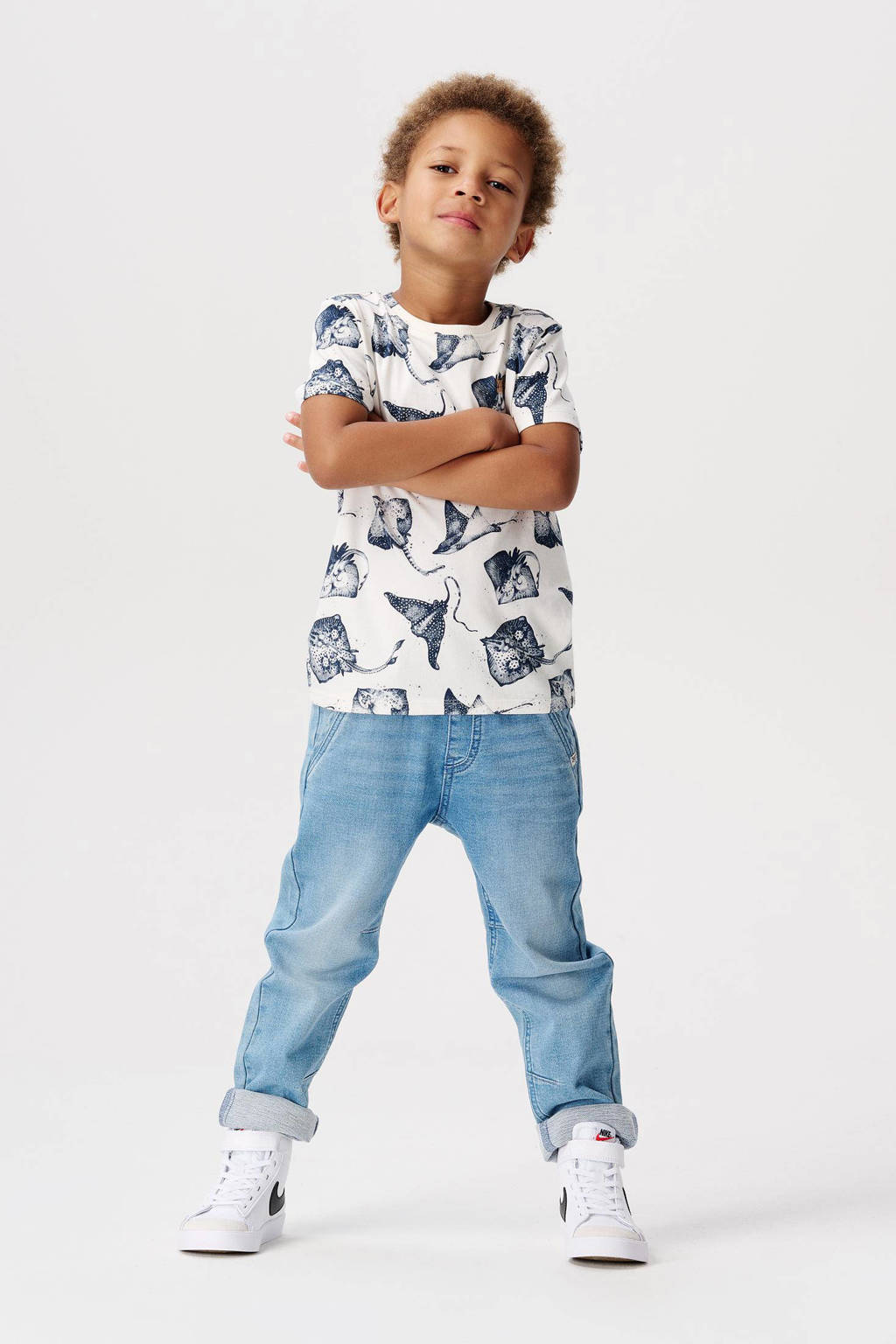 Noppies T-shirt met all over print wit/blauw