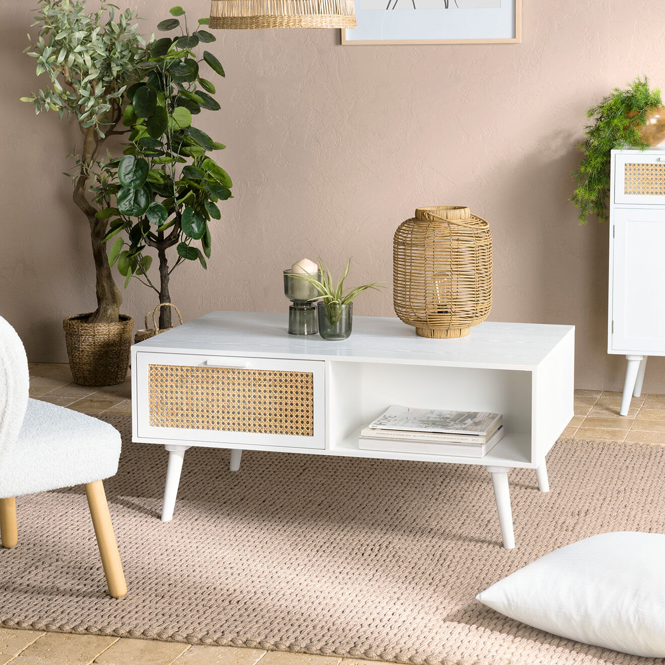 Macabane Table basse cannage rotin Sandro blanche - 100x60x40 cm