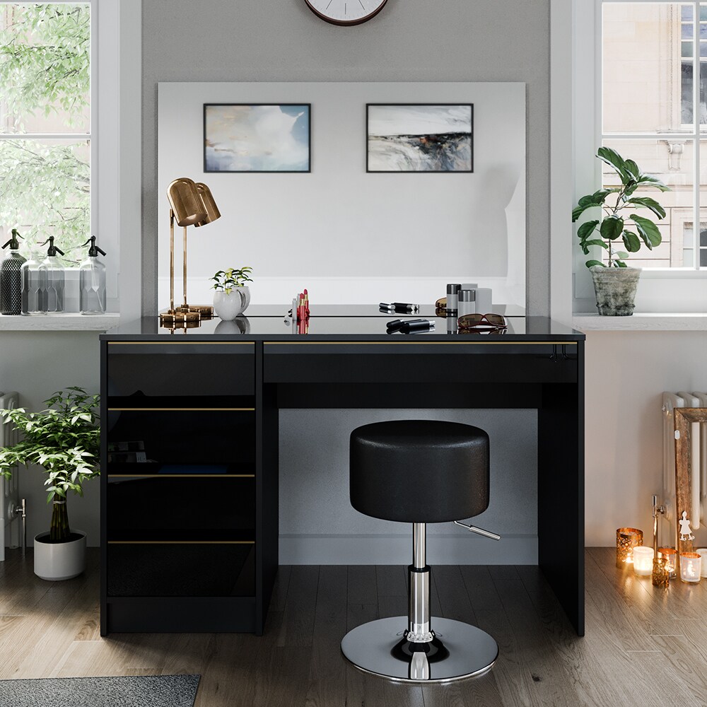 Vicco Schminktisch Sherry Schwarz Hochglanz Gold 120 x 75 cm 5 Schubladen Spiegel Hocker