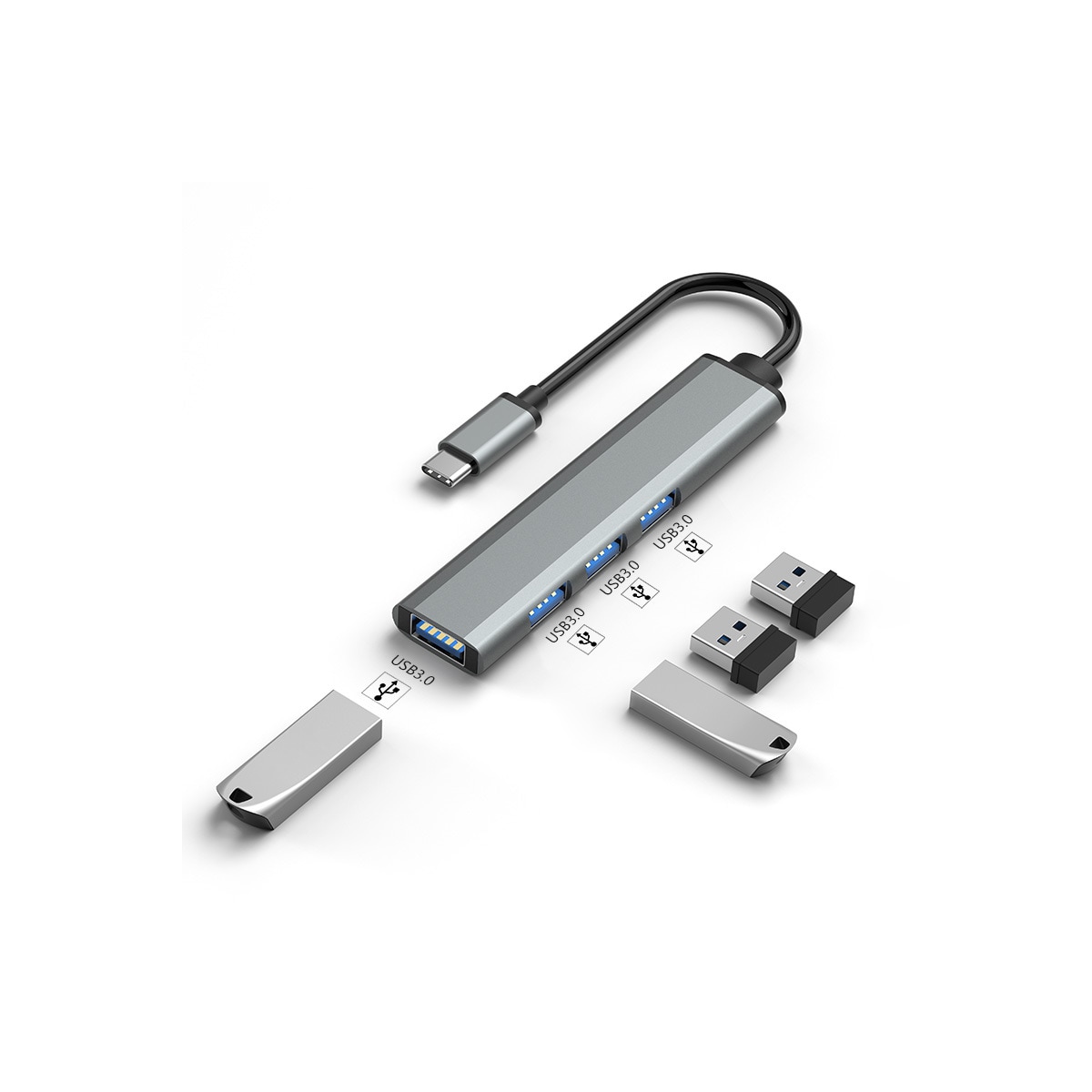 USB-C til USB 3.0 Hub med 4 porter Sølvgrå