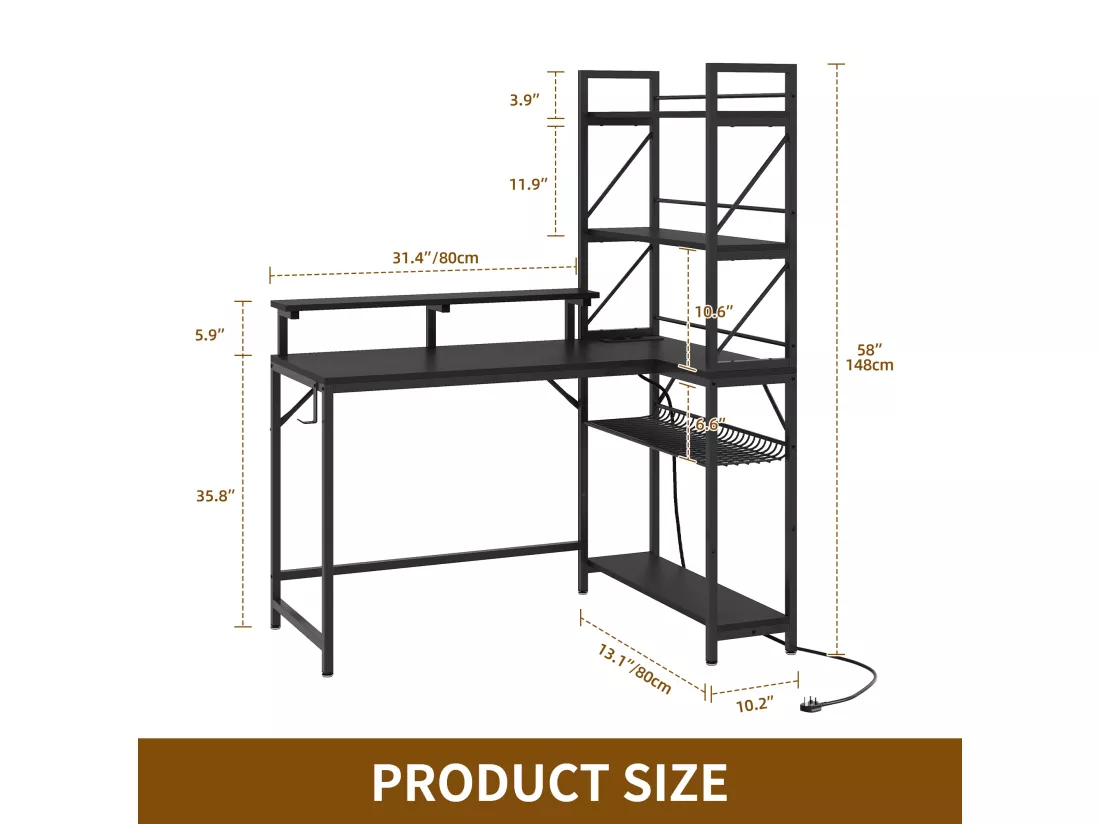 YITAHOME Bureau de Jeu avec Étagère - LED - Bureau avec 2 Prises et 2 Ports de Charge USB - Table avec support d'écran -106cm - Noir