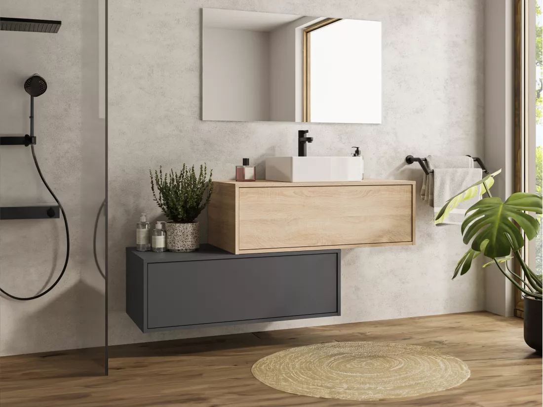 Meuble de salle de bain suspendu naturel clair et anthracite avec simple vasque carrée et deux tiroirs - 94 cm - TEANA II