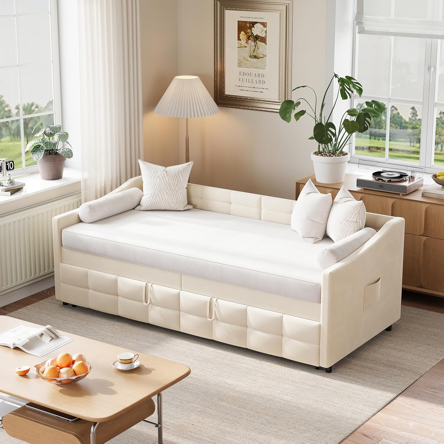 Ausziehbares Schlafsofa aus Samt mit Seitentaschen, modernes 2-Sitzer-Sofa, Space Saving (Crema, 90/180 x 200 cm)