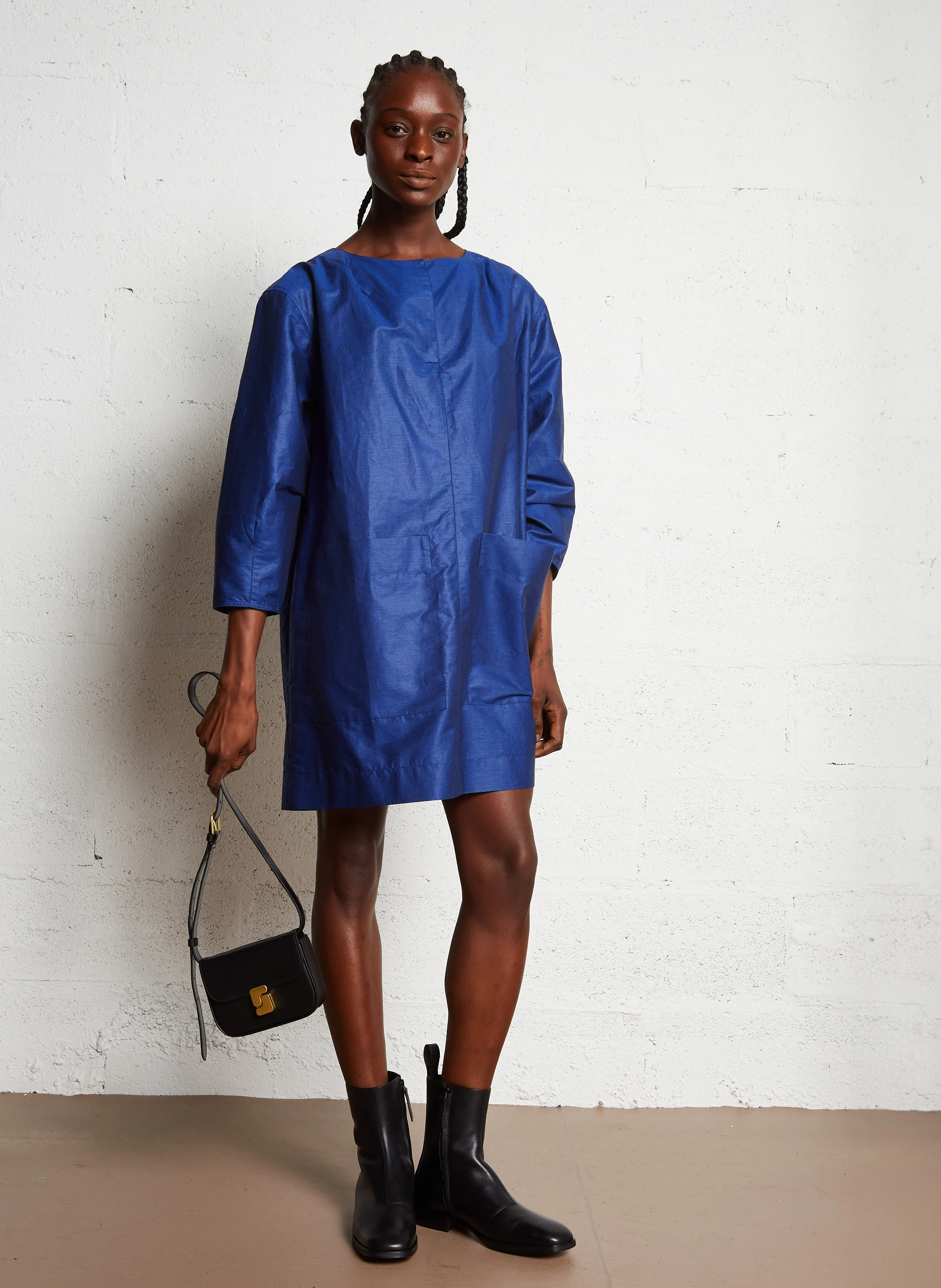 CYBELE - Robe courte ample col tunisien en lin et coton mélangé | Bleu