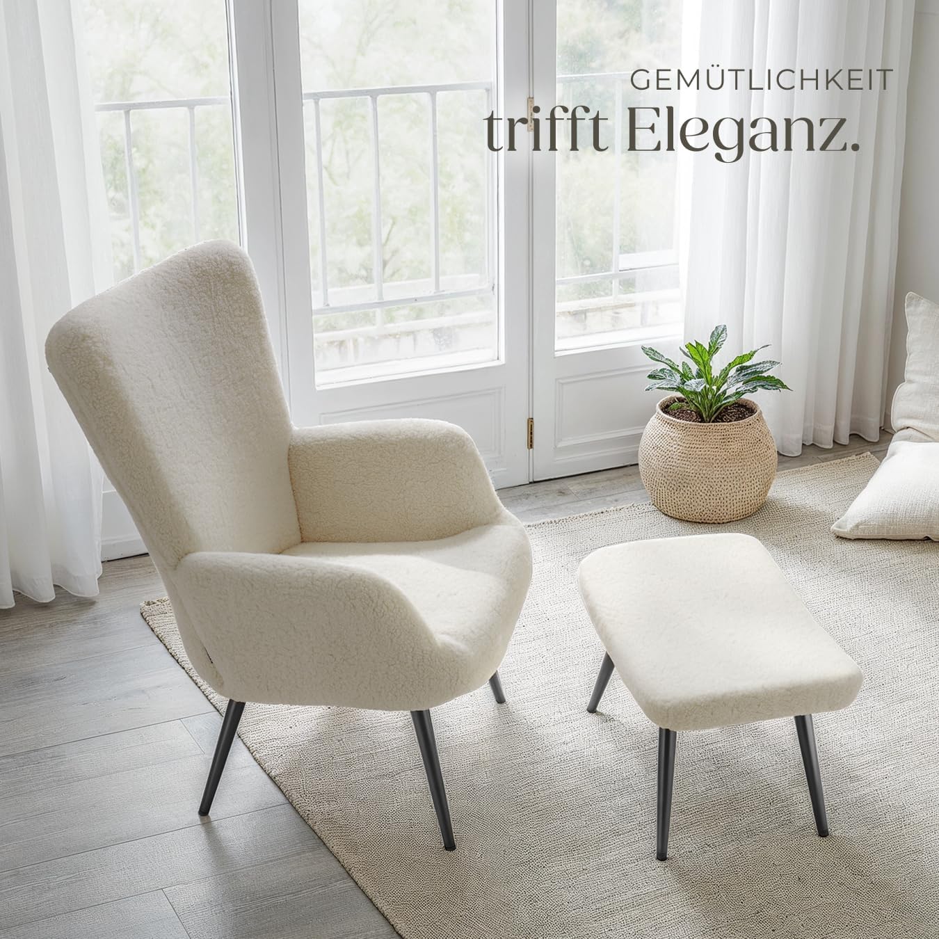 tectake® Skandinavischer Stil Ohrensessel, Sessel Hygge mit Hocker, Breitcordbezug, Sessel Wohnzimmer, Schlafzimmer, Esszimmerstuhl, Statement Loungesessel, belastbar bis 150 kg - Bouclé creme/schwarz
