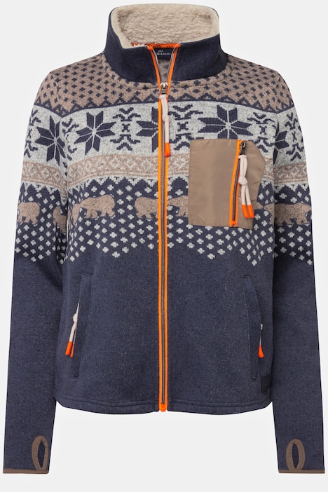 Strickfleece-Jacke, Norweger-Muster, Stehkragen, Zipper, Langarm