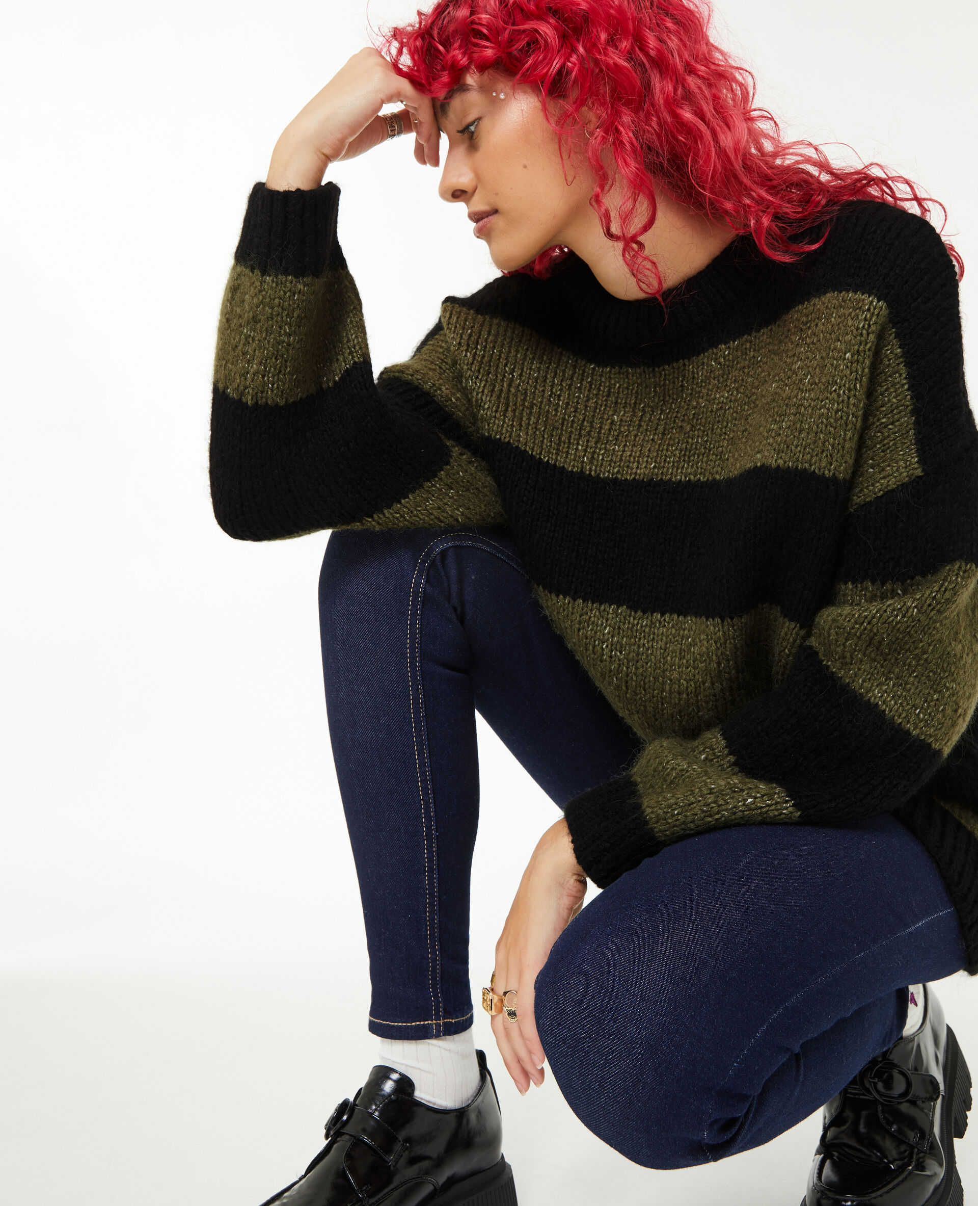 Pull oversize à rayures - Vert kaki