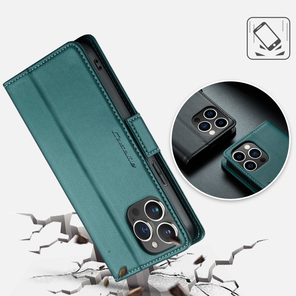 iPhone 16 Pro Leder Tasche Flip Wallet Etui mit Kartenfächern Litchi Look (RFID Schutz) - Grün