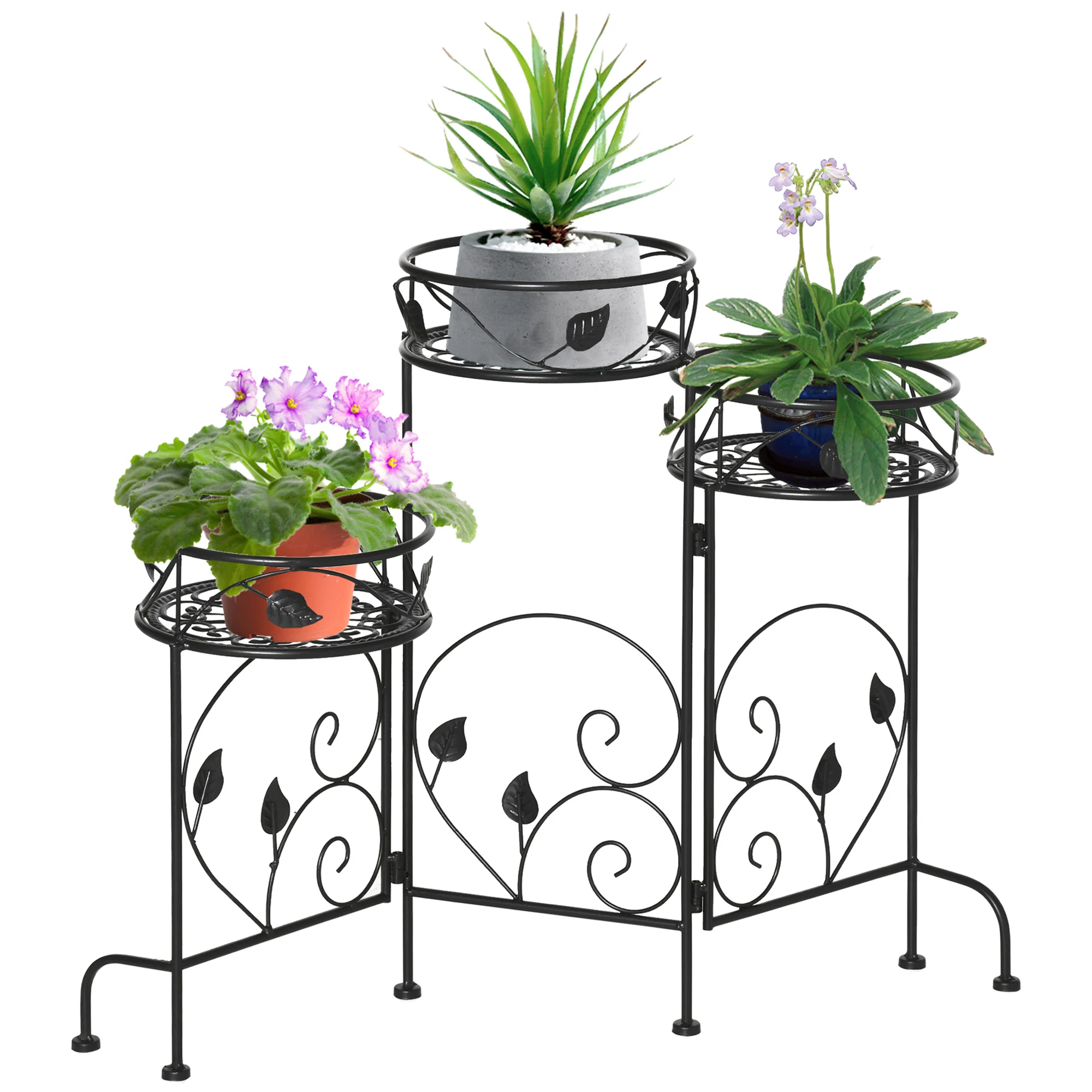 Suporte de metal para plantas Outsunny, suporte dobrável para vasos de flores com 3 prateleiras, decoração para ambientes internos e externos, ideal para jardim, terraço e varanda, 74 x 23 x 62 cm, preto.