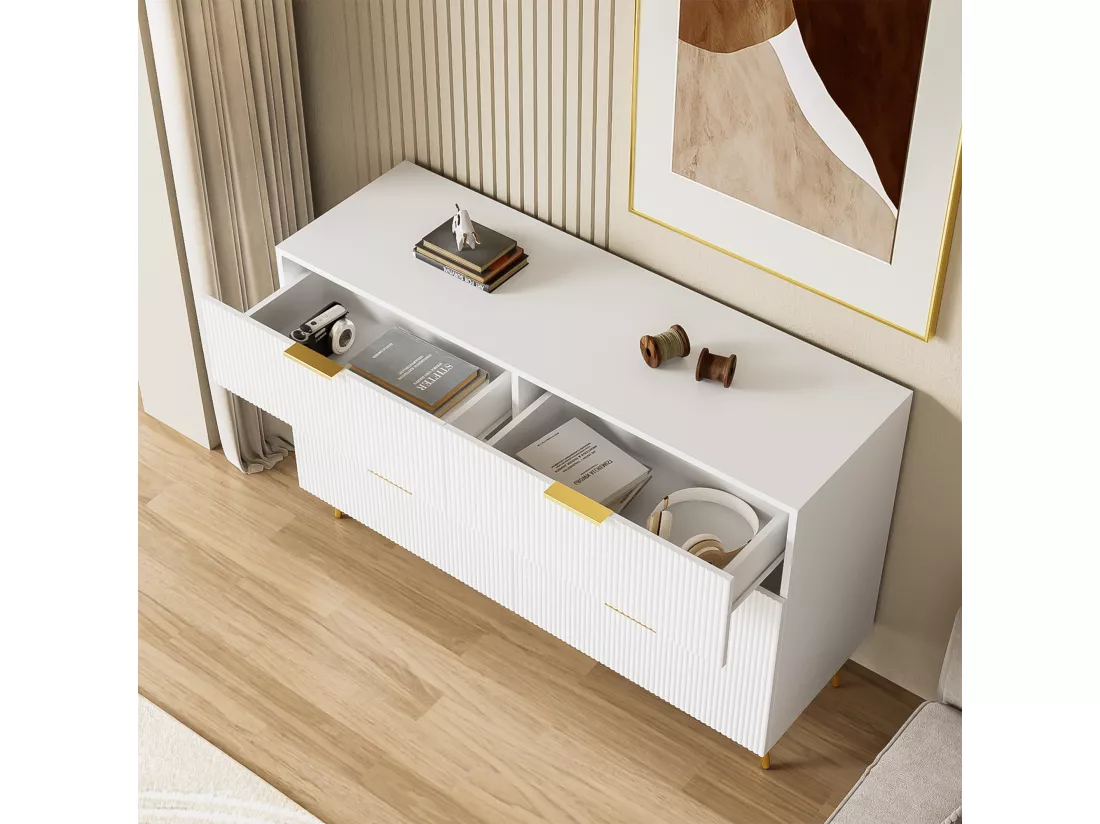 Buffet, commode avec 6 tiroirs - 120 x 40 x 77 cm - Panneaux de particules - Poignées et pièds dorés - Blanc