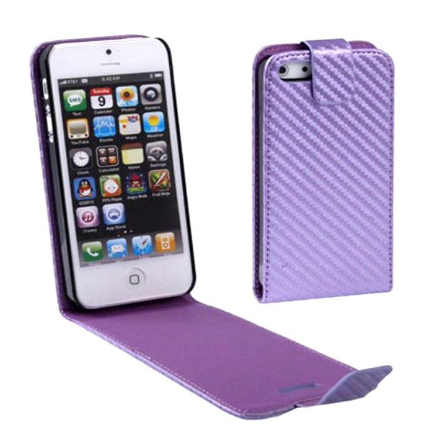 Handy Tasche Flip dünn Carbon look für Handy iPhone 5 & 5s Violett