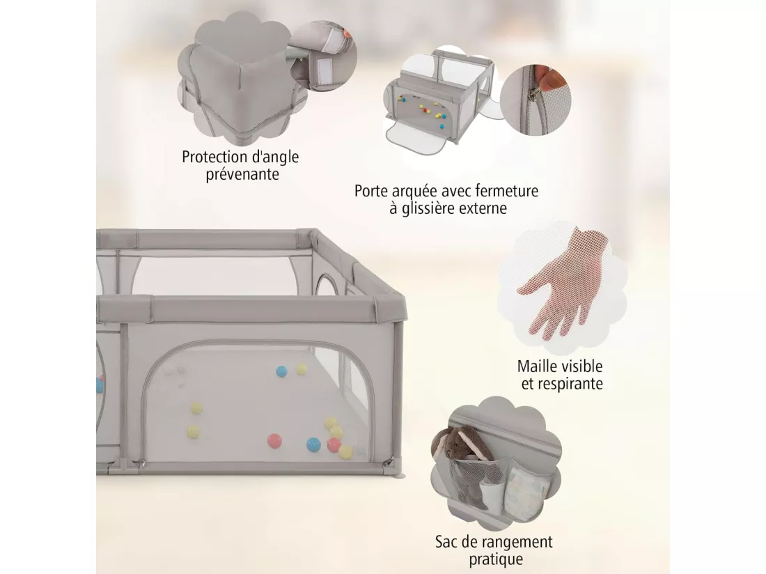 Parc pour Bébé avec 50 Balles Océaniques, Centre d'Activités avec Base Antidérapante, Maille Respirante, et Porte à Fermeture Eclair, 206×147×68,5CM (Gris Clair)
