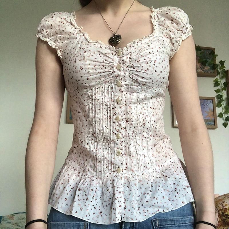 Sosana - Blouse met bloemenprint, kapmouwen, gerimpelde rand en knoopsluiting, slim-fit