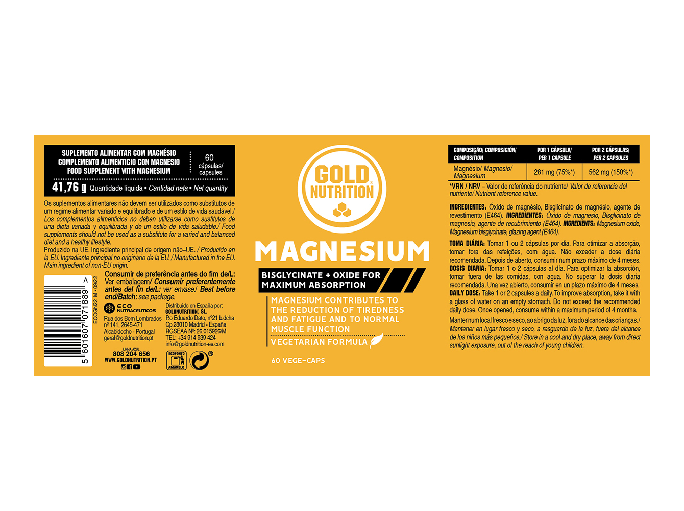 SUPLEMENTO GOLDNUTRITION MAGNÉSIO 60 CAPS